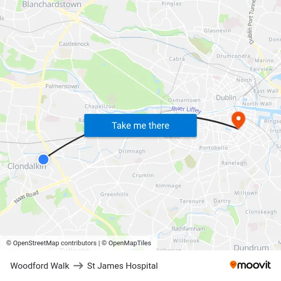 Woodford Walk to St James Hospital map