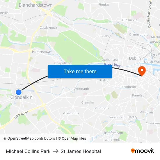 Michael Collins Park to St James Hospital map