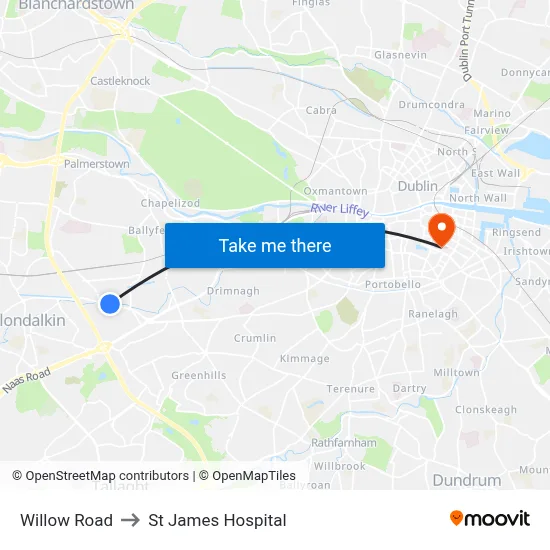 Willow Road to St James Hospital map