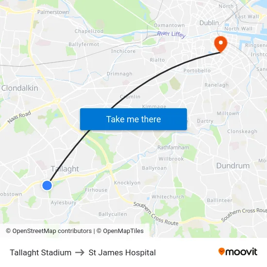 Tallaght Stadium to St James Hospital map