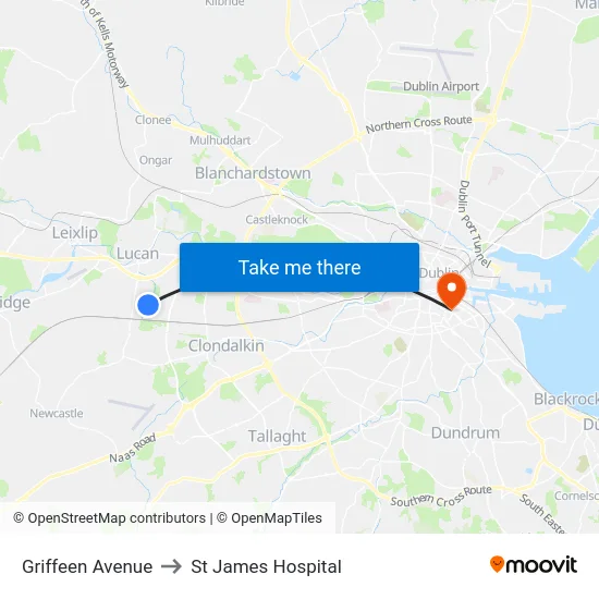 Griffeen Avenue to St James Hospital map