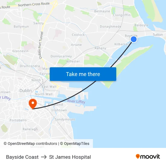 Bayside Coast to St James Hospital map