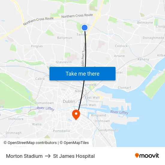 Morton Stadium to St James Hospital map