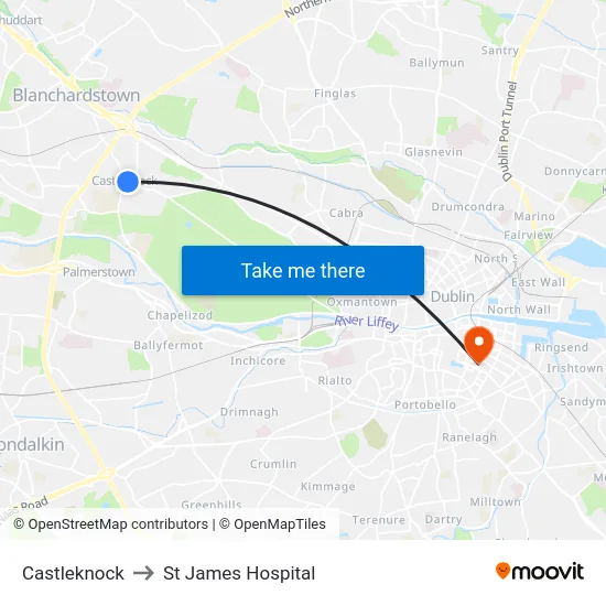 Castleknock to St James Hospital map