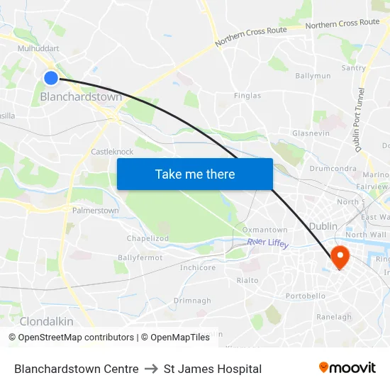 Blanchardstown Centre to St James Hospital map