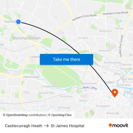 Castlecurragh Heath to St James Hospital map