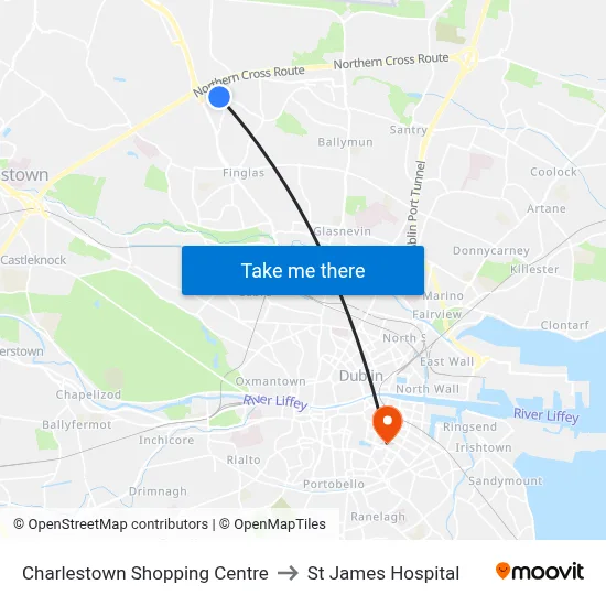 Charlestown Shopping Centre to St James Hospital map