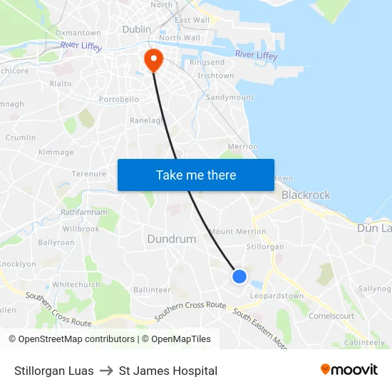 Stillorgan Luas to St James Hospital map