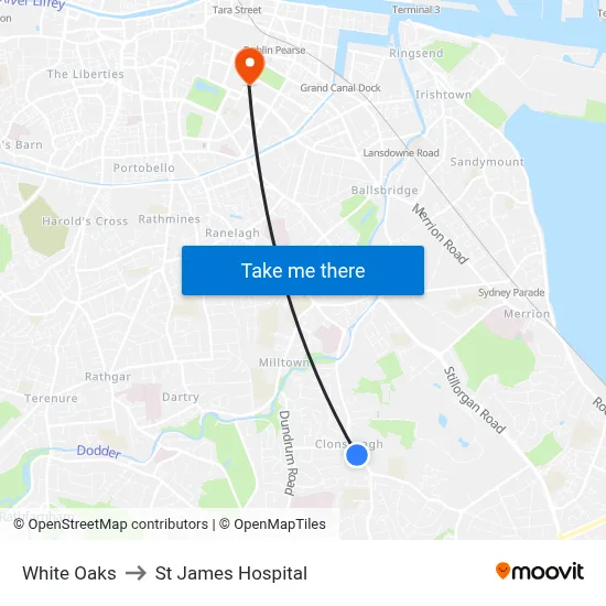 White Oaks to St James Hospital map