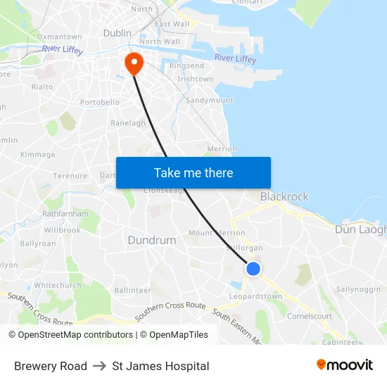 Brewery Road to St James Hospital map
