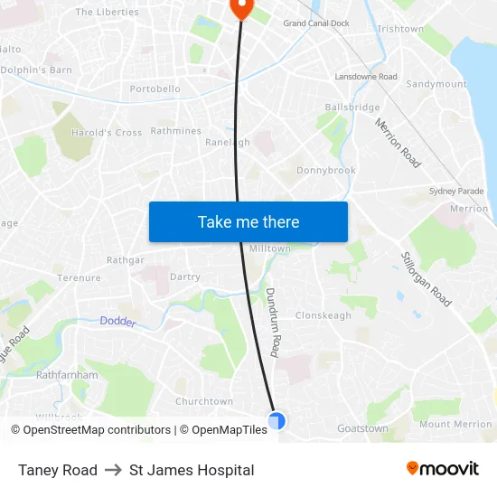 Taney Road to St James Hospital map