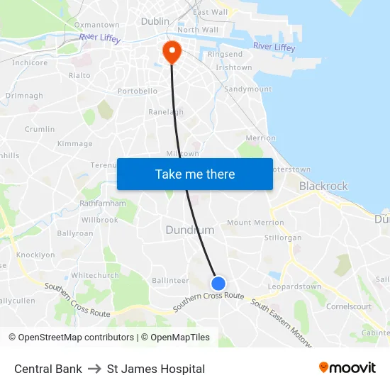 Central Bank to St James Hospital map
