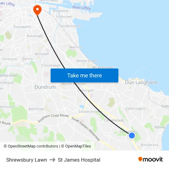 Shrewsbury Lawn to St James Hospital map