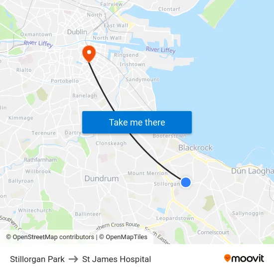 Stillorgan Park to St James Hospital map