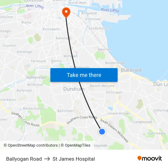 Ballyogan Road to St James Hospital map