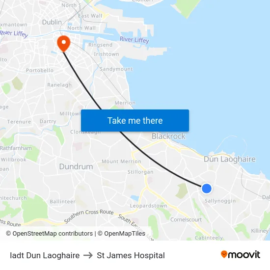 Iadt Dun Laoghaire to St James Hospital map