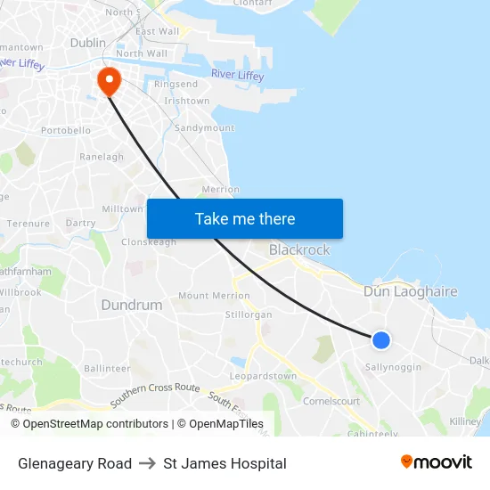 Glenageary Road to St James Hospital map