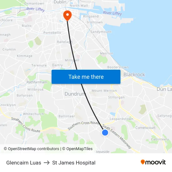 Glencairn Luas to St James Hospital map