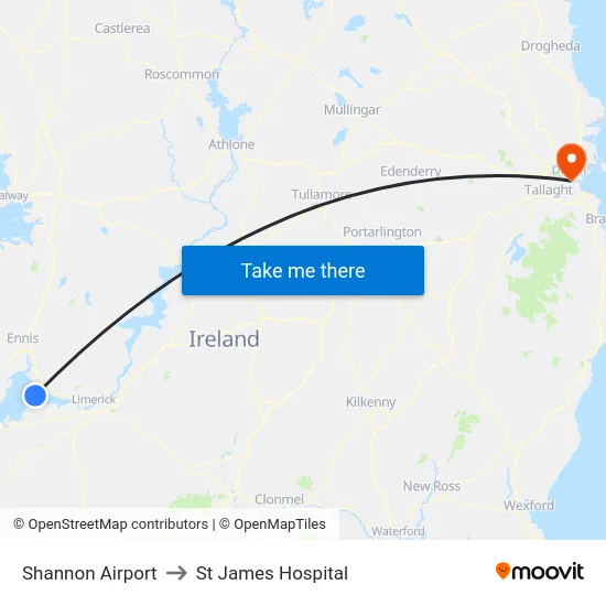 Shannon Airport to St James Hospital map