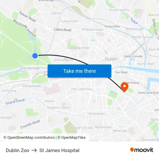 Dublin Zoo to St James Hospital map