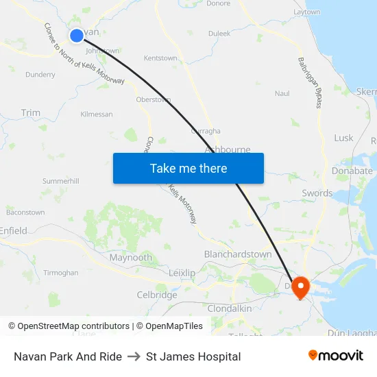 Navan Park And Ride to St James Hospital map