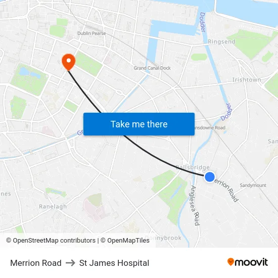 Merrion Road to St James Hospital map