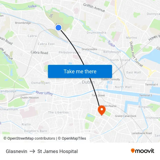 Glasnevin to St James Hospital map