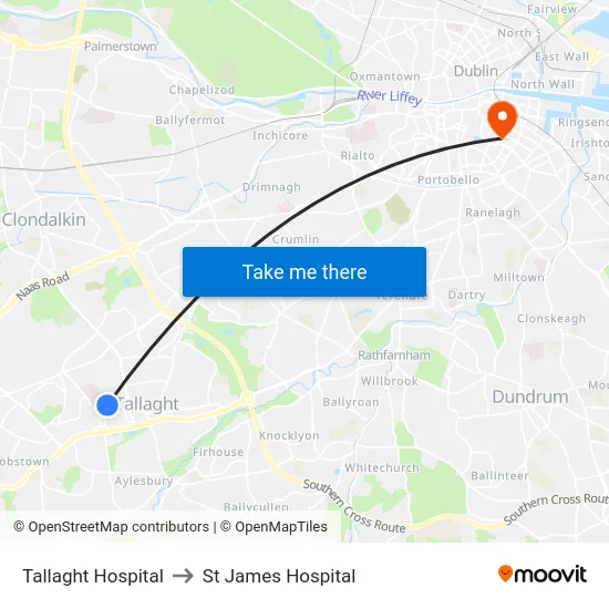Tallaght Hospital to St James Hospital map