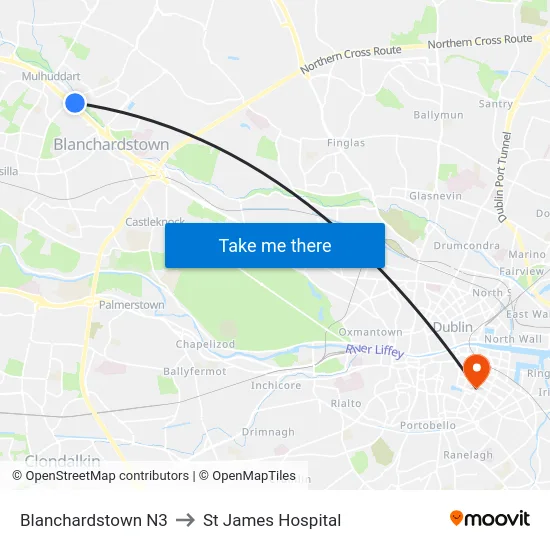 Blanchardstown N3 to St James Hospital map