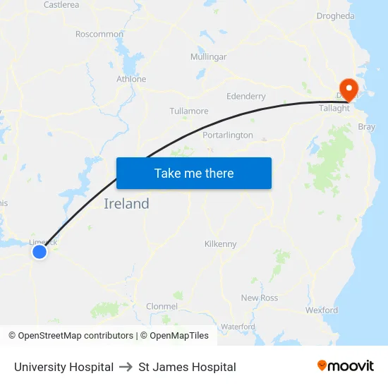 University Hospital to St James Hospital map