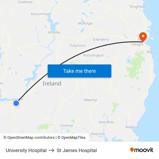 University Hospital to St James Hospital map