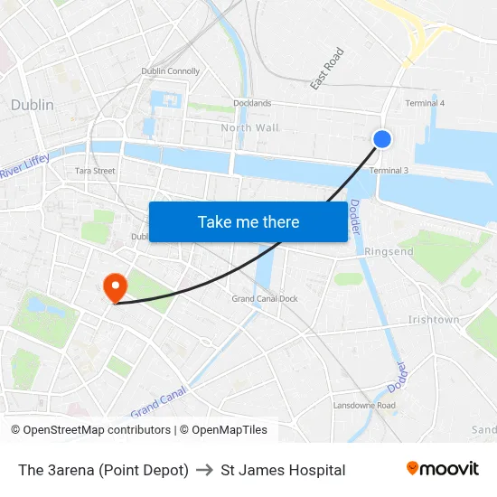 The 3arena (Point Depot) to St James Hospital map