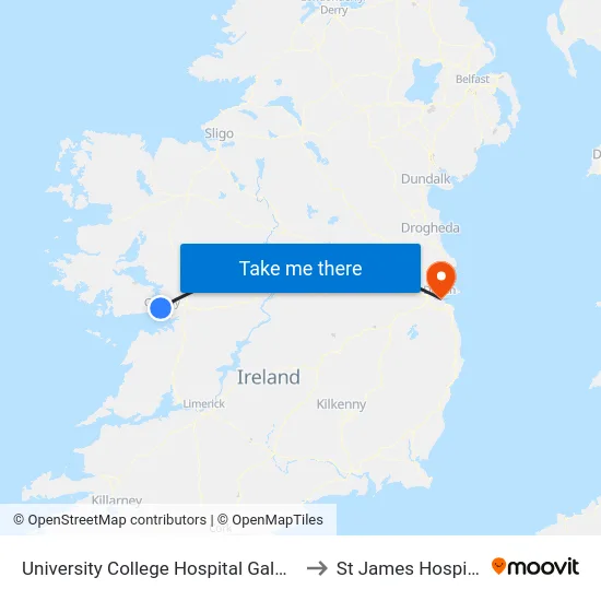 University College Hospital Galway to St James Hospital map