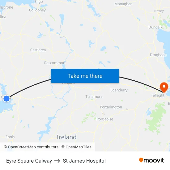 Eyre Square Galway to St James Hospital map