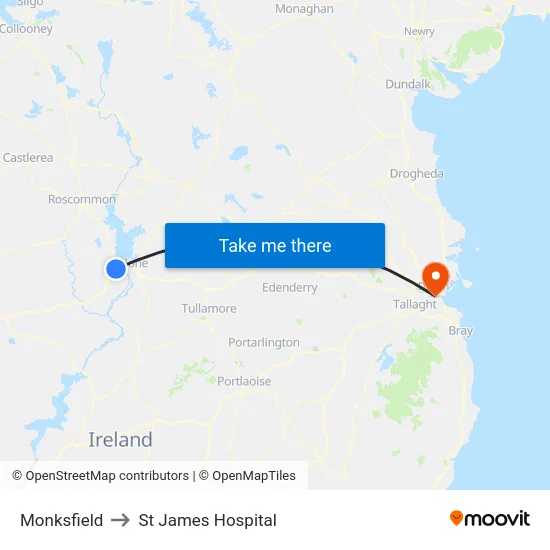 Monksfield to St James Hospital map
