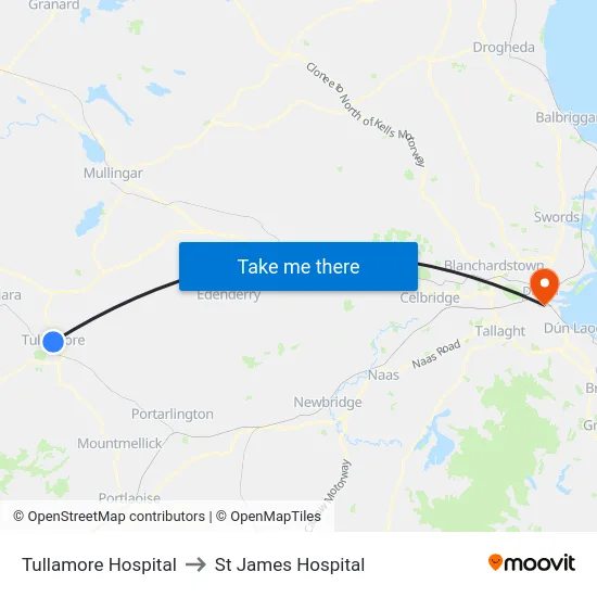 Tullamore Hospital to St James Hospital map