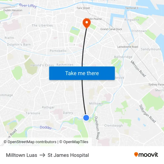 Milltown Luas to St James Hospital map