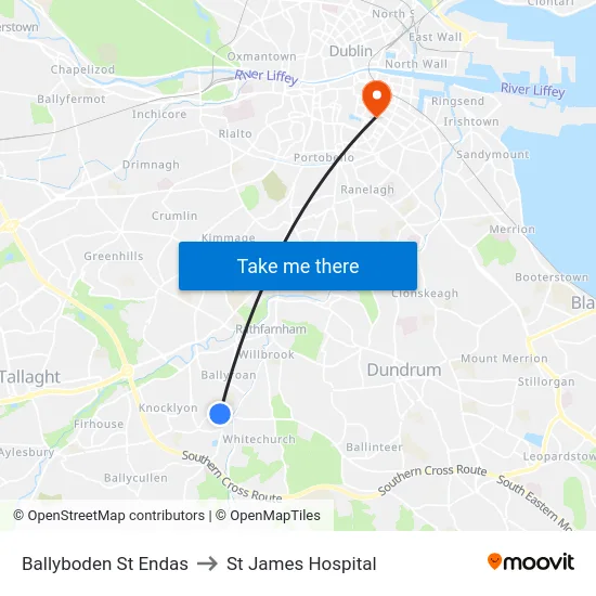 Ballyboden St Endas to St James Hospital map