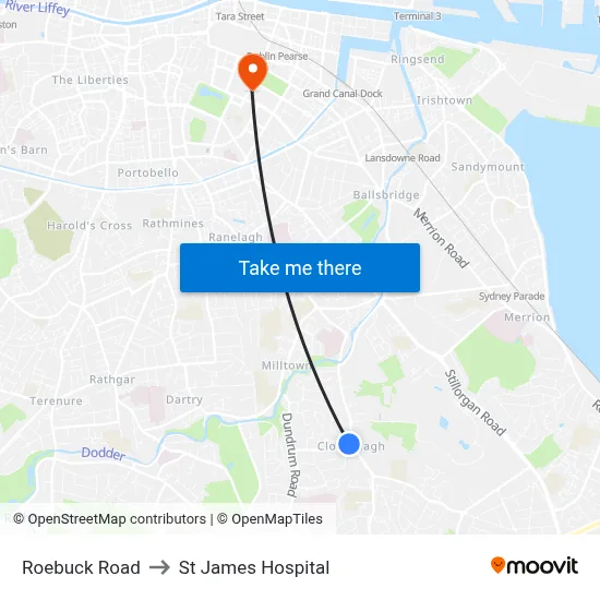 Roebuck Road to St James Hospital map