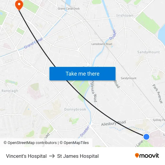 Vincent's Hospital to St James Hospital map