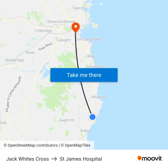 Jack Whites Cross to St James Hospital map
