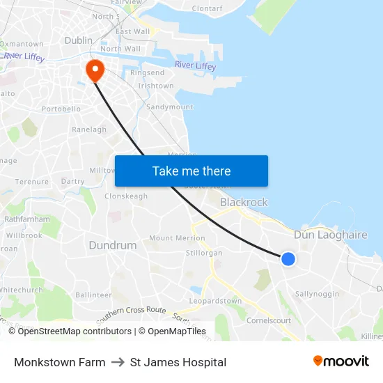 Monkstown Farm to St James Hospital map
