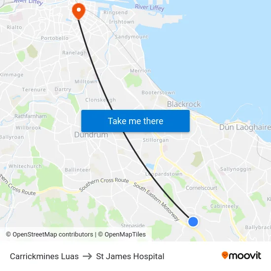 Carrickmines Luas to St James Hospital map