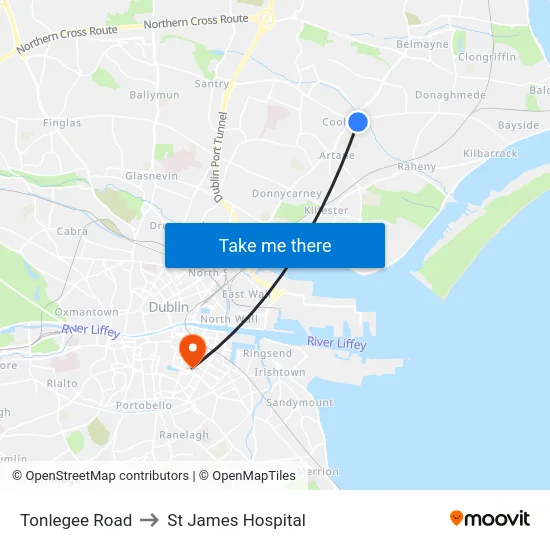 Tonlegee Road to St James Hospital map