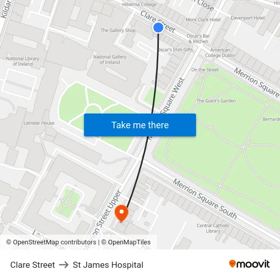 Clare Street to St James Hospital map