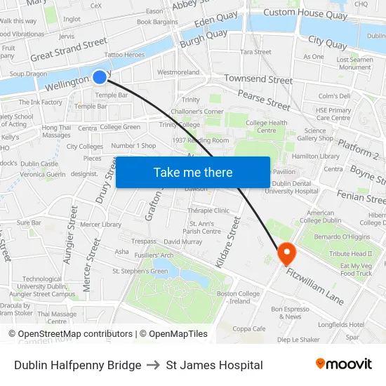 Dublin Halfpenny Bridge to St James Hospital map