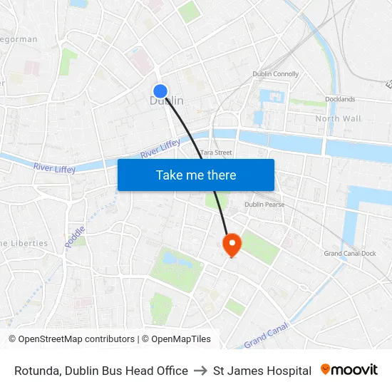 Rotunda, Dublin Bus Head Office to St James Hospital map