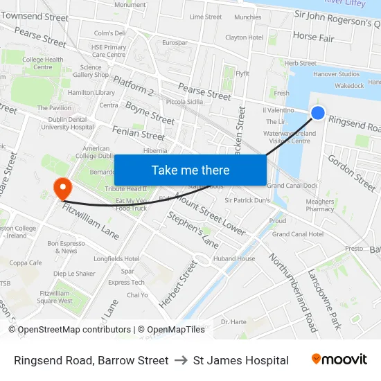 Ringsend Road, Barrow Street to St James Hospital map