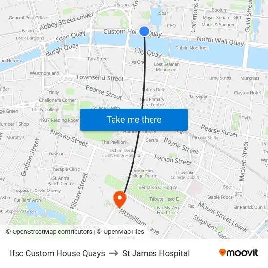 Ifsc Custom House Quays to St James Hospital map
