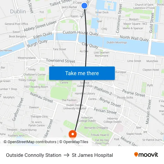 Outside Connolly Station to St James Hospital map